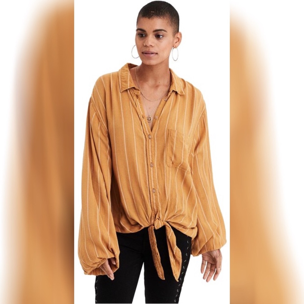 Aeo Yellow White Striped Front Tie Button Blouse